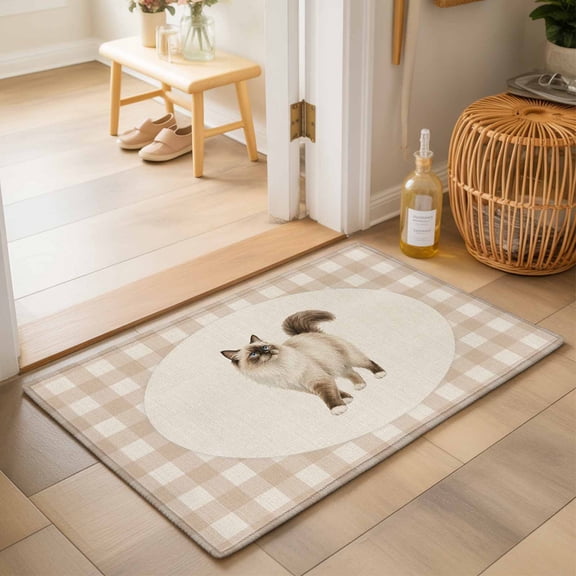 Fluffy Ragdoll Cat Washable Small Entryway Area Rugs 2'x3', Retro Modern Cat Linen Plaid Washable Throw Rug Non-Slip Sturdy Edge Binding Carpet for Front Door Floor Room Entry