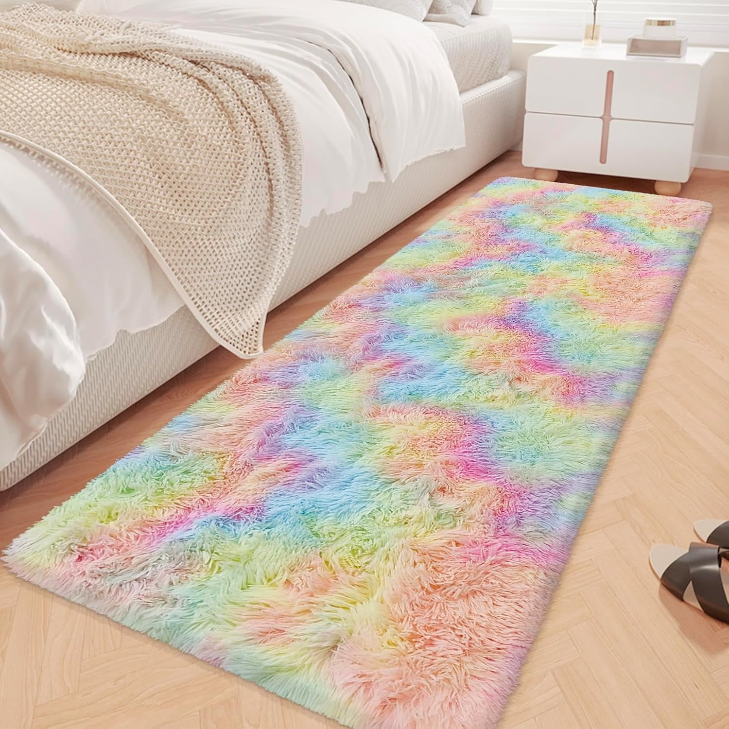 Fluffy Rainbow Rug for Girls Bedroom 2x6 Feet Kawaii Tie Dye Runner Rug ...