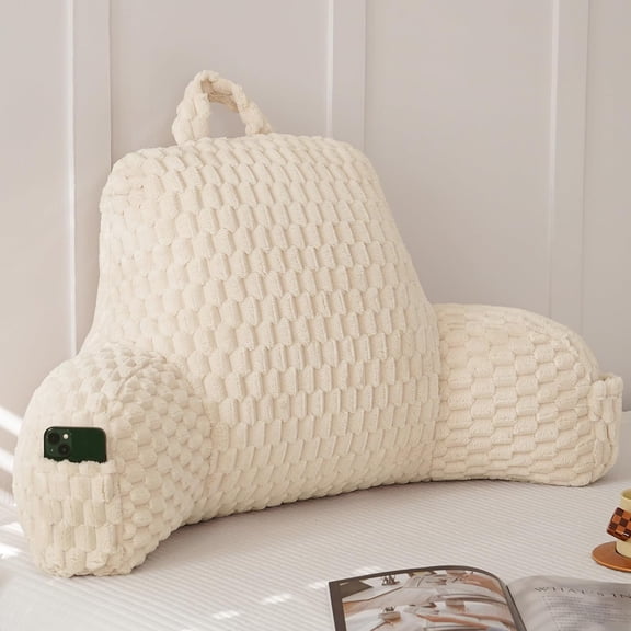 Fluffy Reading Pillow for Sitting in Bed, Large Backrest Bed Pillow with Arms, Back Support Pillow for Lounging Bedrest, Beige