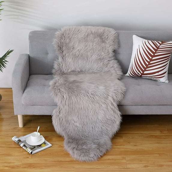 Tzou Fluffy Area Rug, Thick Faux Fur Chair Couch Cover Small Shaggy Rug Carpet for Bedroom, Kids/Baby Room, Shag Floor Furry Bedside Fuzzy Carpet, Grey, 2 x 6 ft