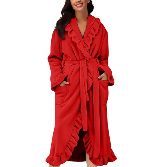 Fluffy Robe, Hugcore Women's Hooded Fleece Towelling Dressing Gown Women's Bathrobe Lightweight Sauna Gown House Coat Long Bathrobe Plush Long Robes for Women Red S
