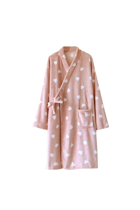 Fluffy Robe for Couples Pajamas Soft Fleece Bathrobe Women Men Winter Warm Heart Terry Cloth Robes Sleepwear, Pink, L