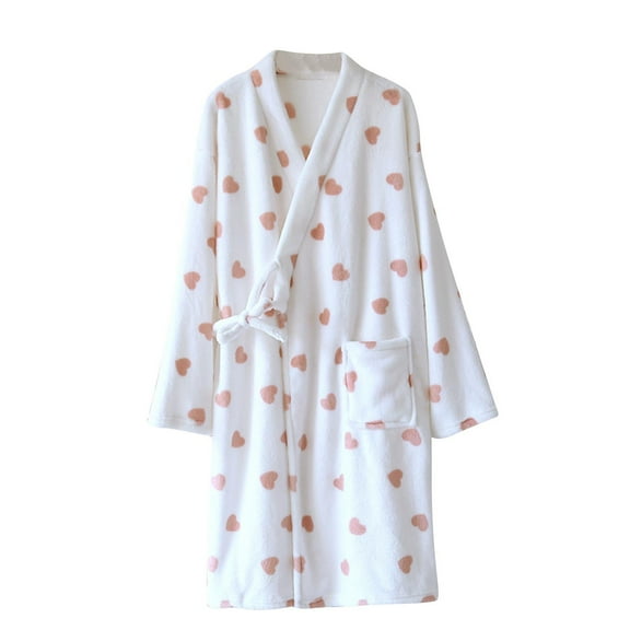 Fluffy Robe for Couples Pajamas Soft Fleece Bathrobe Women Men Winter Warm Heart Terry Cloth Robes Sleepwear, White, M