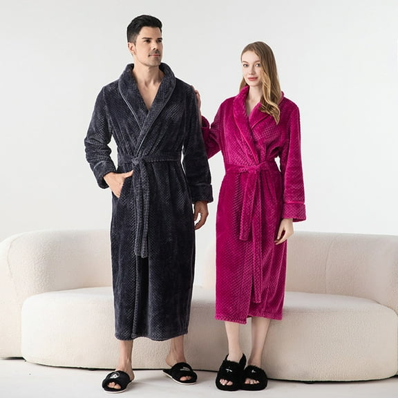 Fluffy Robe for Couples Pajamas Soft Fleece Bathrobe Women Men Winter Warm Thicken Terry Cloth Robes Sleepwear, Hot Pink, L