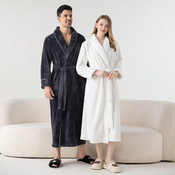 Fluffy Robe for Couples Pajamas Soft Fleece Bathrobe Women Men Winter Warm Thicken Terry Cloth Robes Sleepwear, White, L