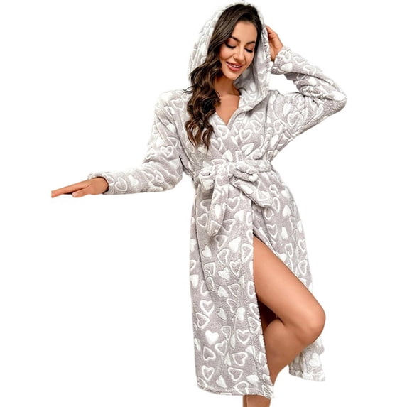 Fluffy Robe for Women Heart Fleece Wrap Belted Bathrobe Lounge Robes Long Sleeve Knee Length Plush Sleepwear Gray XL