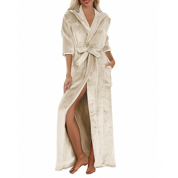 Fluffy Robes for Women Plush, Hugcore Long Plush Bathrobe with Hood Plus Size Bath Robe Soft Long Spa Robe with Pockets Robes for Women, Beige, L