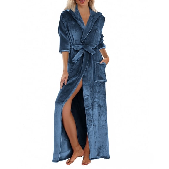 Fluffy Robes for Women Plush, Hugcore Long Plush Bathrobe with Hood Plus Size Bath Robe Soft Long Spa Robe with Pockets Robes for Women, Blue, L