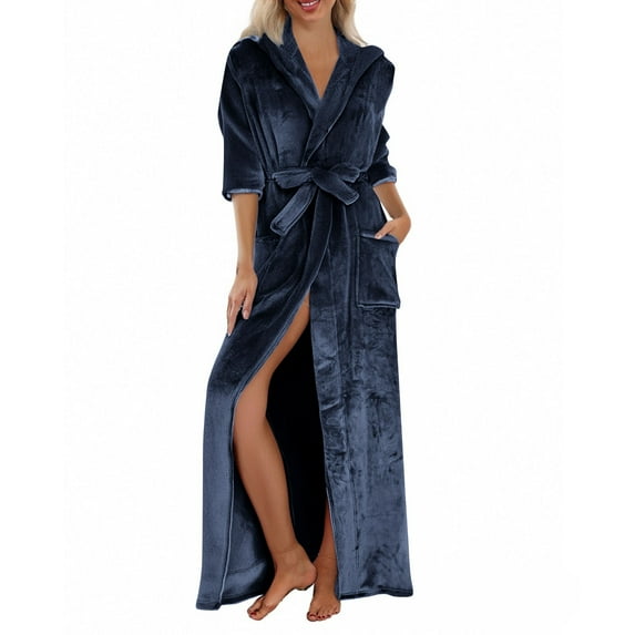 Fluffy Robes for Women Plush, Hugcore Long Plush Bathrobe with Hood Plus Size Bath Robe Soft Long Spa Robe with Pockets Robes for Women, Navy, L