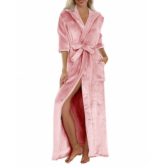 Fluffy Robes for Women Plush, Hugcore Long Plush Bathrobe with Hood Plus Size Bath Robe Soft Long Spa Robe with Pockets Robes for Women, Pink, 2XL
