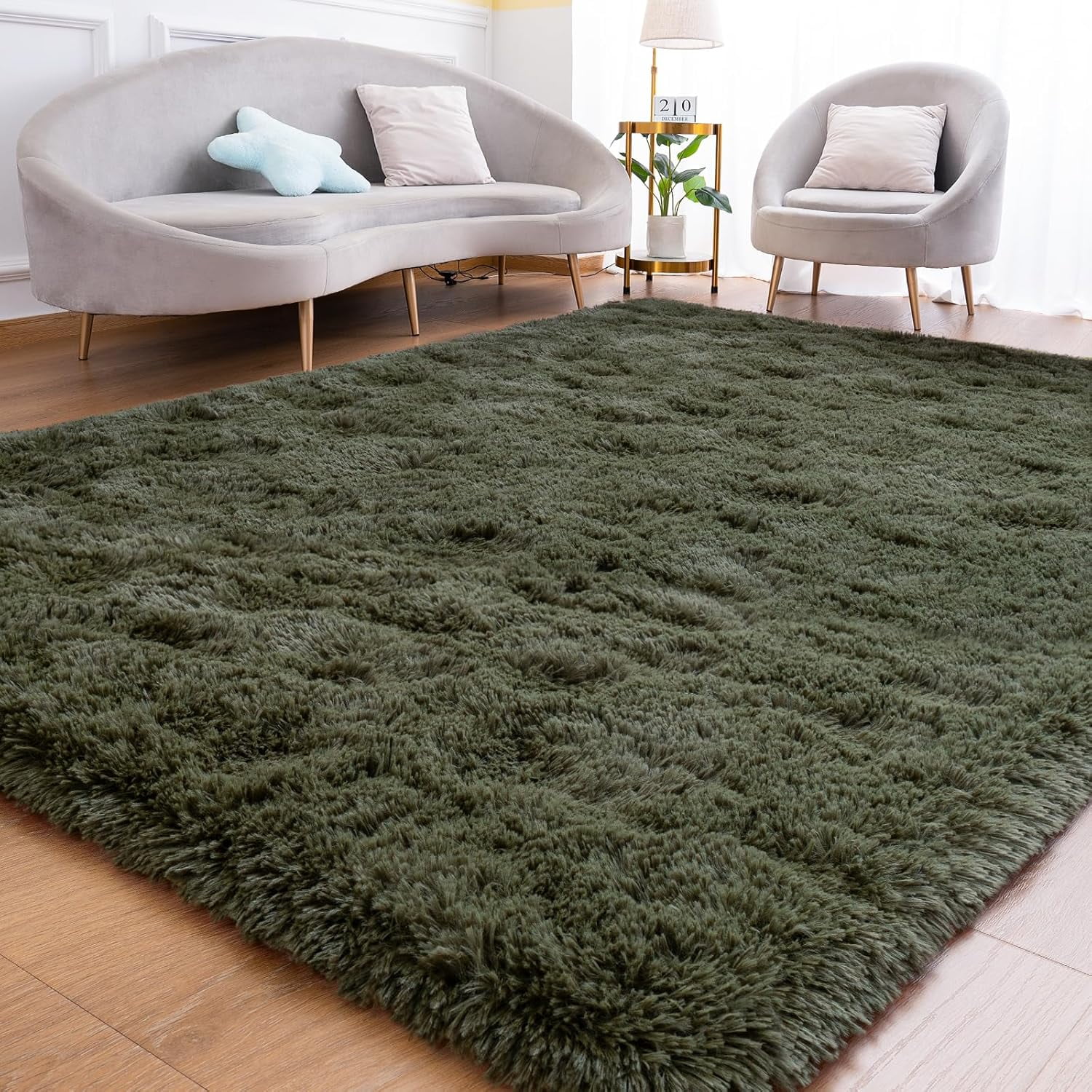 Fluffy Rug for Bedroom Living Room, 5x7 Olive Green Area Rugs, Faux Fur