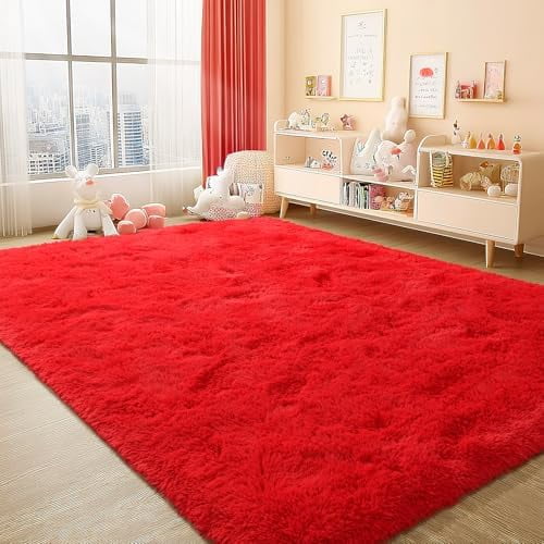 Fluffy Rugs for Living Room 5x8 Red, Washable Large Area Rugs for Bedroom Dining Table Office Kids Nursery Room, Washable Indoor Floor Carpets