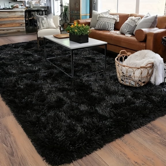 ONUZZLY Solid-Color Black Polyester Fluffy Shag Bedroom Area Rug, 3' x 5', Non-Slip Backing