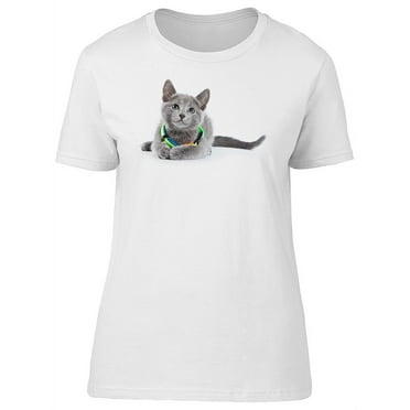 Fluffy Russian Blue Kitty, Cat T-Shirt Women -Image by Shutterstock, Female XX-Large