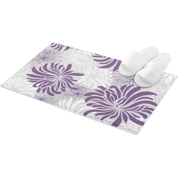Fluffy Shag Bath Mat Purple White Grey Chrysanthemum Flower Area Rugs Warm Soft Plush Shaggy Floor Door Mats for Bathroom/Bedroom/Living Room/Entry Way Decor Minimalist Floral