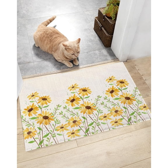 Fluffy Shag Bath Mat Watercolor Yellow Daisy Flower Area Rugs Warm Soft Plush Shaggy Floor Door Mats for Bathroom/Bedroom/Living Room/Entry Way Decor Farm Blossoms Floral Retro Burlap