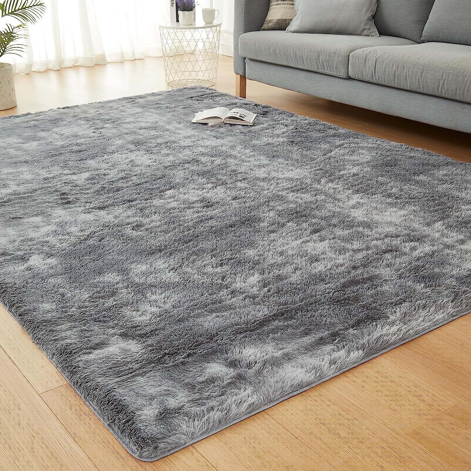 Fluffy Shag Rugs for Living Room，TieDyed Light Grey Soft Plush Fuzzy