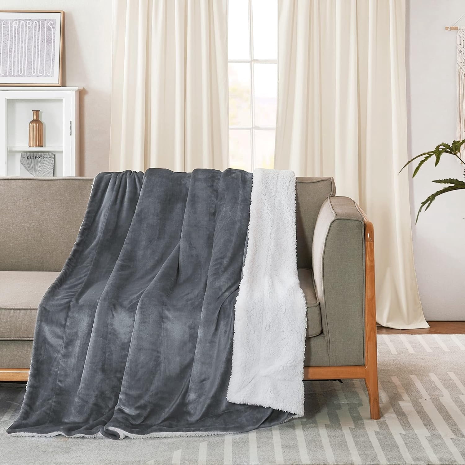 Fluffy Sherpa Fleece Blankets Twin Size for All Seasons, Grey Thick Fuzzy Warm Soft Fluffy Cozy Reversible Shaggy Velvet Plush Blanket for Sofa and Bed, 60 x 80 inches, Dark Grey