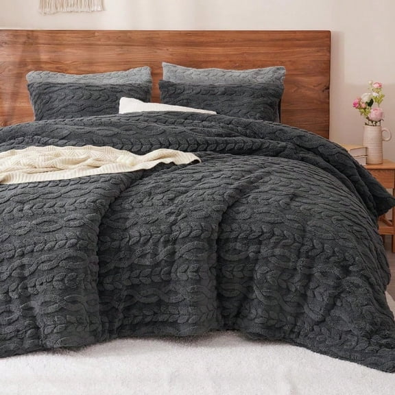 Fluffy Sherpa Fleece Queen Comforter Set 3 Pieces Warm Fuzzy Soft Bedding for Winter 3D Tufted Flannel Plush Shaggy Bed Set 1 Comforter 90x90 and 2 Pillowcases (20x26) Dark Grey