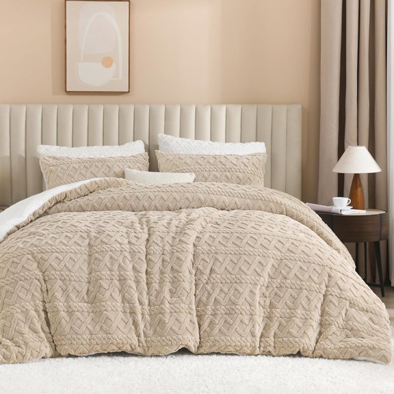 Fluffy Sherpa Queen Comforter Set - Super Soft Beige Fleece Warm Bedding for Winter, Luxury Jacquard Boho Thick Fuzzy Plush Bed Set 3 Pieces