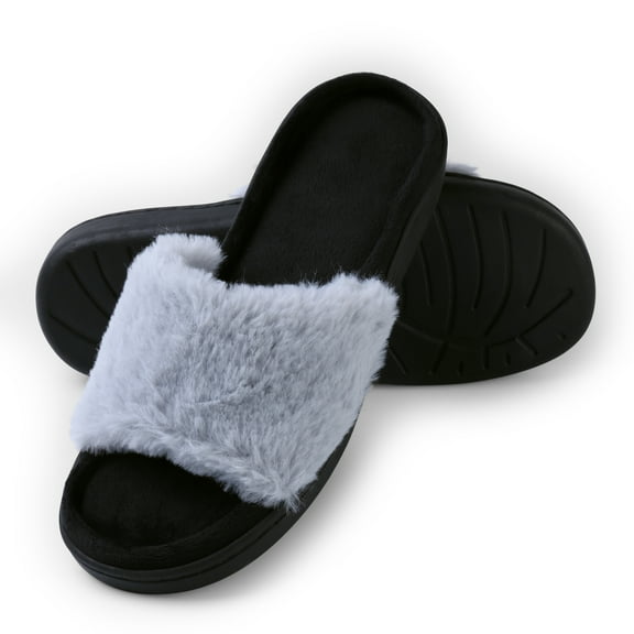 Fluffy Slide Slippers for Women – Soft Fleece Open Toe Indoor Slip-On House Shoes with Non-Slip Rubber Sole, Cozy Home Lounge Footwear