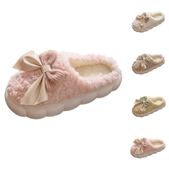 Fluffy Slippers for Women Fuzzy Non Indoor Slides Cozy Women's Slippers Fuzzy Indoor Shoes With Bowknot Design Warm Winter Home Footwear Soft Comfortable On Flat Heel