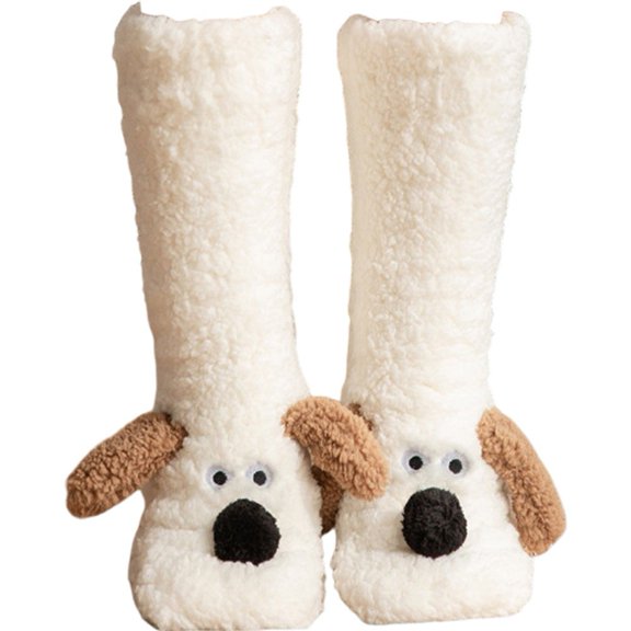 Fluffy Socks for Women Floor Socks Coral Fleece Fuzzy Slipper Socks Cartoon Animal Soft Sleeping Sock Snow Socks Christmas Gift Carpet Sock for Autumn Winter (White)
