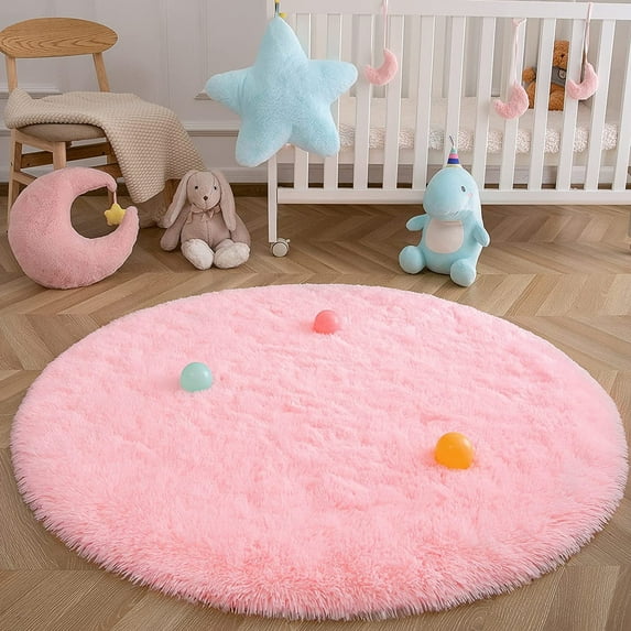 Fluffy Soft Round Rugs for Bedroom Living Room, Pink Shaggy Area Rugs 5 x 5 Feet faux fur, Carpet for s Room, Throw Circle Rug for Room, Fuzzy Plush Rug for Dorm
