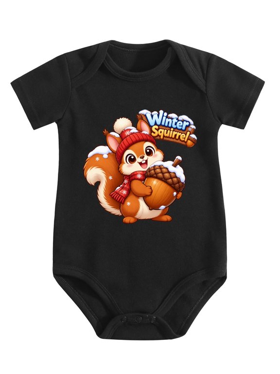 Fluffy Squirrel With Giant Pinecone Baby Bodysuit, 100% Cotton Short Sleeve Snap Romper, 0-12 Months
