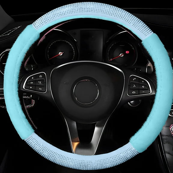 Fluffy Steering Wheel Cover, Rhinestone Sparkling Fur Steering Wheel Protector, Elastic Steering Wheel Covers, on-Slip Handlebar Cover, Winter Warm Universal Fit 14-15 inches