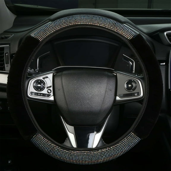 Fluffy Steering Wheel Cover, Rhinestone Sparkling Fur Steering Wheel Protector, Elastic Steering Wheel Covers, on-Slip Handlebar Cover, Winter Warm Universal Fit 14-15 inches
