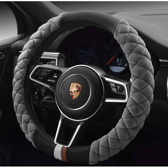 Fluffy Steering Wheel Cover Soft, Short Plush Gray Steering Wheel Cover for Men and Women with Universal 14.5-15 Inch