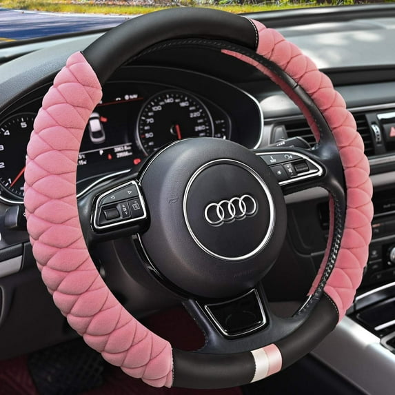 Fluffy Steering Wheel Cover Soft, Short Plush Pink Steering Wheel Cover for Women with Universal 14.5-15 Inch