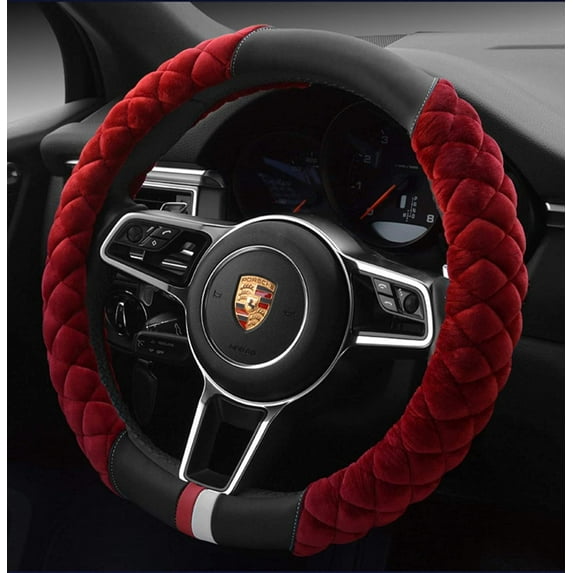 Fluffy Steering Wheel Cover Soft, Short Plush Red Steering Wheel Cover for Men and Women with Universal 14.5-15 Inch