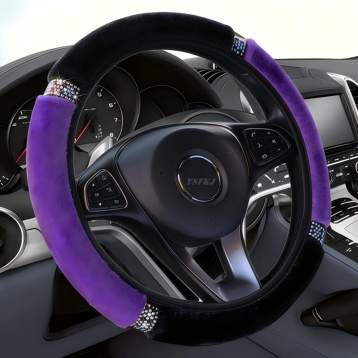 Fluffy Steering Wheel Cover, Universal 15 Inch Colorful Rhinestones Car Steering Wheel Cover, Sparkly Diamond Steering Wheel Protector for Women Girls,Purple