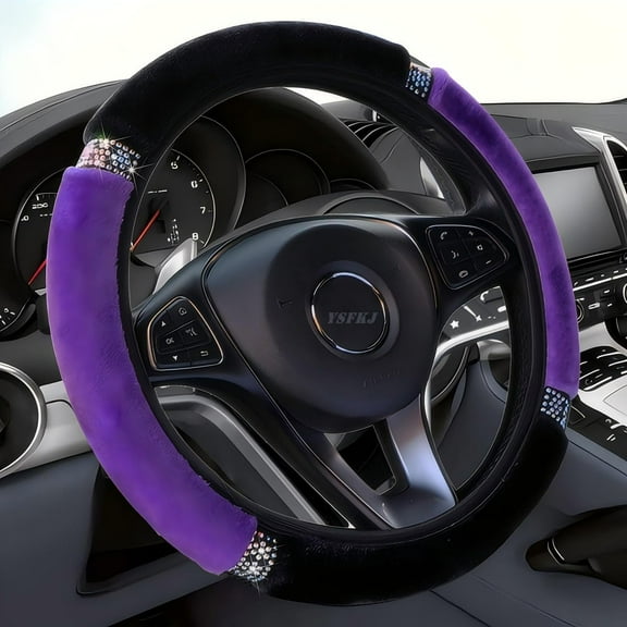 Fluffy Steering Wheel Cover, Universal 15 Inch Colorful Rhinestones Car Steering Wheel Cover, Sparkly Crystal Diamond Steering Wheel Protector for Women Girls,Purple