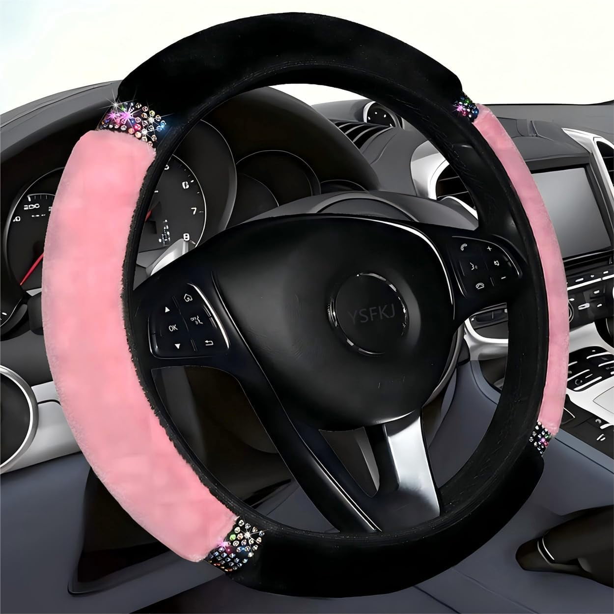 Fluffy Steering Wheel Cover, Universal 15 Inch Colorful Rhinestones Car Steering Wheel Cover, Sparkly Crystal Diamond Steering Wheel Protector for Women Girls,Pink