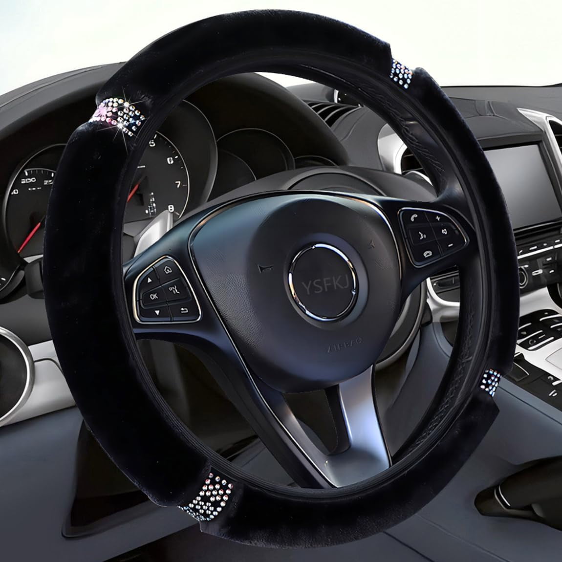 Fluffy Steering Wheel Cover, Universal 15 Inch Colorful Rhinestones Car Steering Wheel Cover, Sparkly Diamond Steering Wheel Protector for Women Girls,Black
