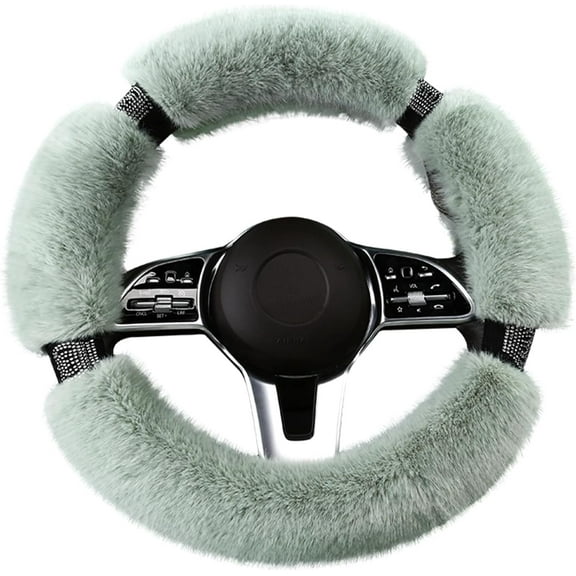 Fluffy Steering Wheel Cover for Women with Bling Crystal Diamond, Warm & Anti-Slip Plush Fur, Universal Fit for 14.5-15 Inch Steering Wheels