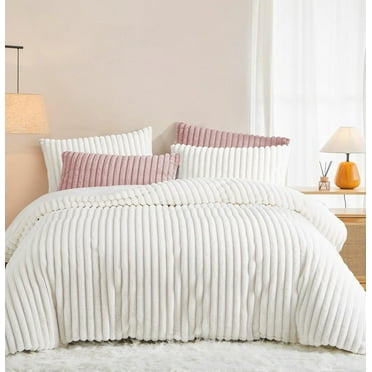 Fluffy Striped Creamy White Duvet Cover Set Super Soft Faux Fur Winter Warm Fuzzy Fleece Bedding Set,Queen Size