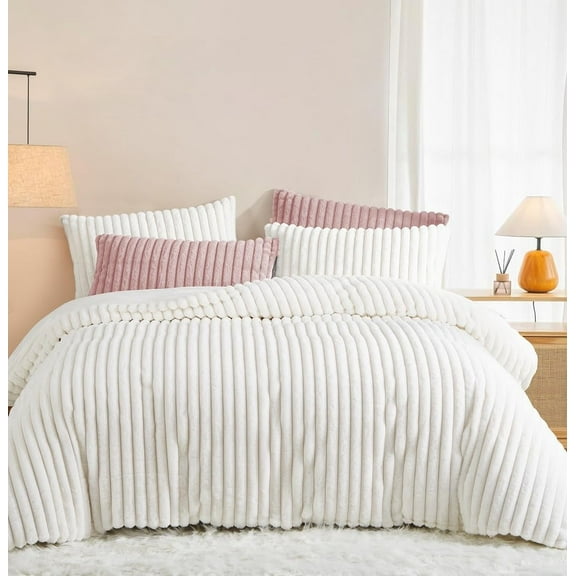 Fluffy Striped Creamy White Duvet Cover Set Super Soft Faux Fur Winter Warm Fuzzy Fleece Bedding Set,Queen Size