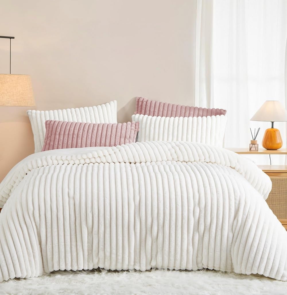 Fluffy Striped Creamy White Duvet Cover Set Super Soft Faux Fur Winter