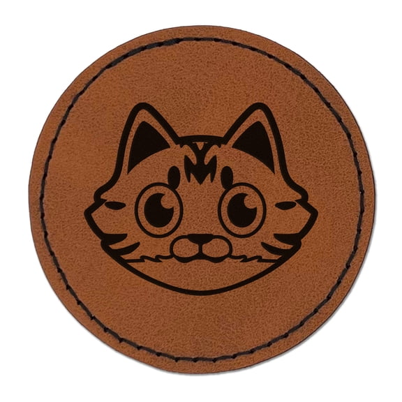 Fluffy Striped Tabby Cat Head 2.5" Faux Leather Round Engraved Iron-On Patch - Brown