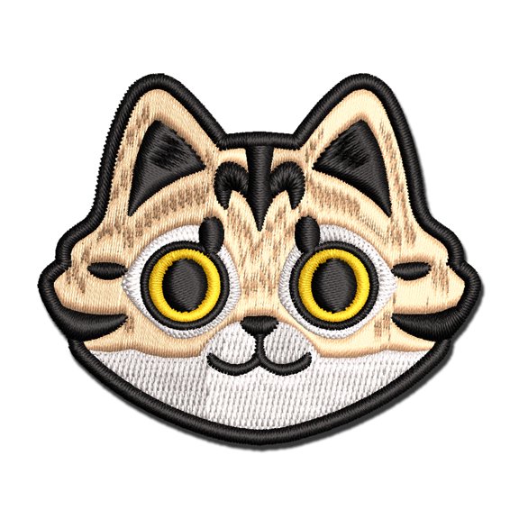 Fluffy Striped Tabby Cat Head Applique Multi-Color Embroidered Iron-On Patch - 3 Inch Medium