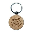 thumbnail image 1 of Fluffy Striped Tabby Cat Head Round Keychain Charm Tag - Engraved Wood, 1 of 6