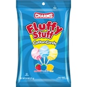 Charms, Fluffy Stuff, Cotton Candy 2.5oz Assorted Flavors. Peanut Free, Gluten Free. Does Not Contain Allergens.