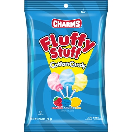 Charms, Fluffy Stuff, Cotton Candy 2.5oz Assorted Flavors. Peanut Free, Gluten Free. Does Not Contain Allergens.