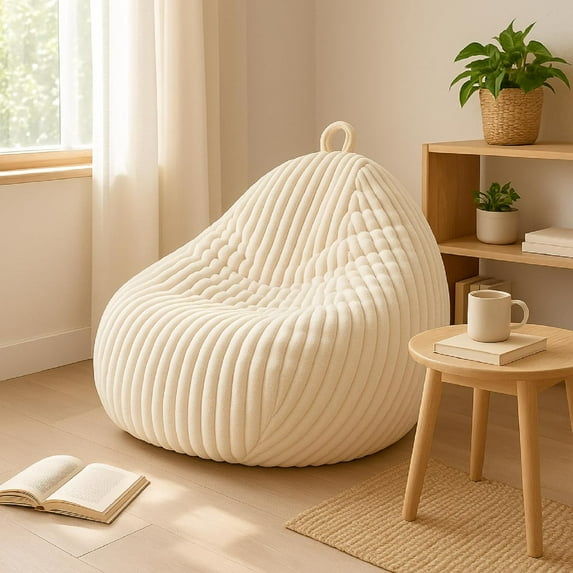 Fluffy Stuffed Animal Storage Bean Bag Chair Cover (No Filler) Comfy Bean Bag Cover Without Filling or Home Bedroom Decor Organizing Plush Doll Textile Holder(White,L)