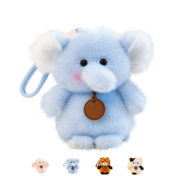 Fluffy Stuffed Animals Plush Keychain, Kawaii Elephant Lamb Lop Rabbit Red Panda Calico Cat Stuffed Doll Pendant with Wrist Strap, Mini Soft Plushies Backpack Charm Gift for Girls Teens Blue