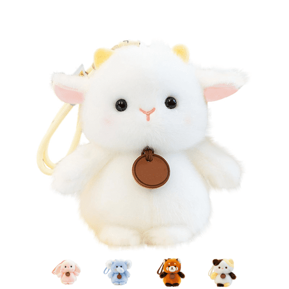 Fluffy Stuffed Animals Plush Keychain, Kawaii Elephant Lamb Lop Rabbit Red Panda Calico Cat Stuffed Doll Pendant with Wrist Strap, Mini Soft Plushies Backpack Charm Gift for Girls Teens White